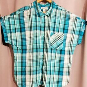 COLDWATER CREEK (Women's, 1X, Short Sleeve Shirt, Blue Plaid, Button Up. NEW
